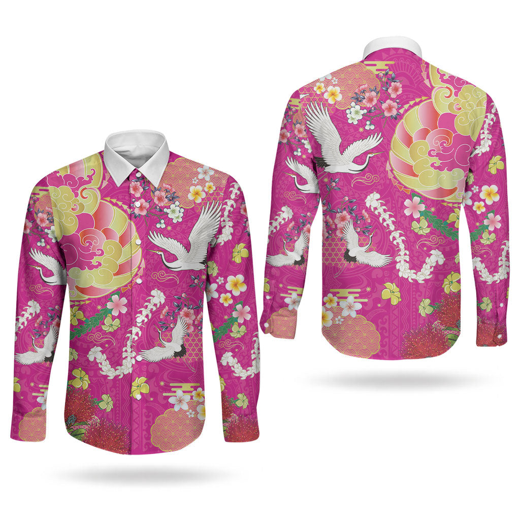 Hawaiian and Japanese Culture Together Couples Matching Mermaid Dress and Long Sleeve Button Shirt Kakau Tribal Pattern and Irezumi Art Pink Color