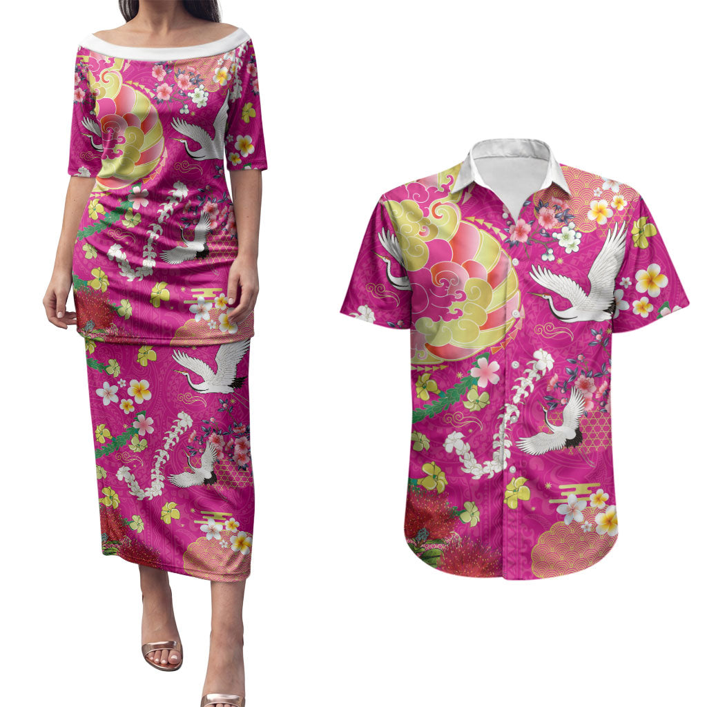 Hawaiian and Japanese Culture Together Couples Matching Puletasi and Hawaiian Shirt Kakau Tribal Pattern and Irezumi Art Pink Color LT03 Pink - Polynesian Pride