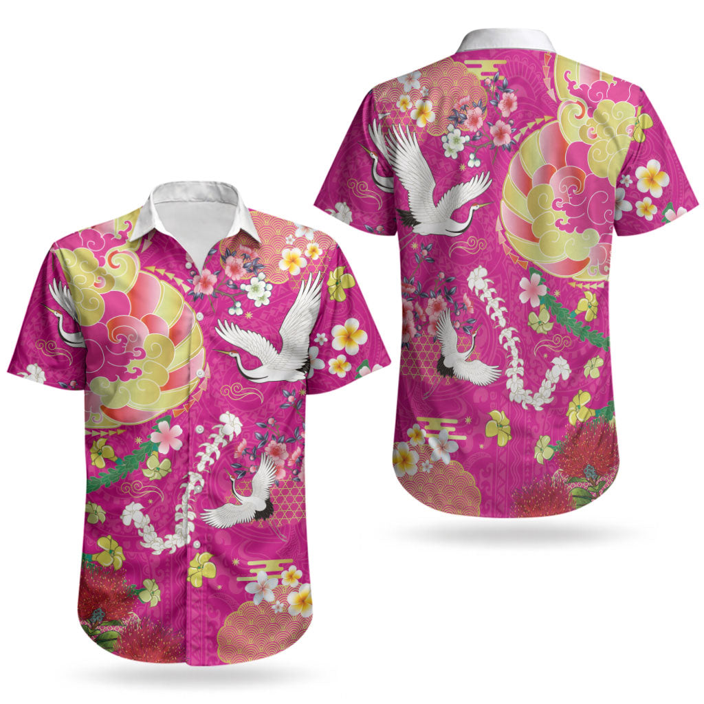 Hawaiian and Japanese Culture Together Couples Matching Puletasi and Hawaiian Shirt Kakau Tribal Pattern and Irezumi Art Pink Color