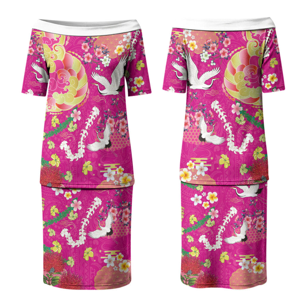 Hawaiian and Japanese Culture Together Couples Matching Puletasi and Hawaiian Shirt Kakau Tribal Pattern and Irezumi Art Pink Color