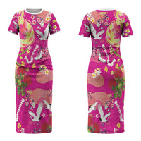 Hawaiian and Japanese Culture Together Couples Matching Short Sleeve Bodycon Dress and Long Sleeve Button Shirt Kakau Tribal Pattern and Irezumi Art Pink Color