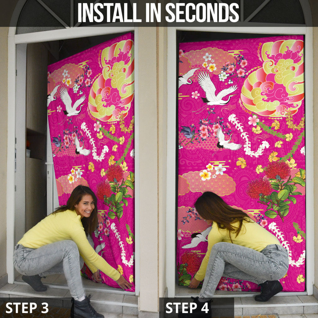 Hawaiian and Japanese Culture Together Door Cover Kakau Tribal Pattern and Irezumi Art Pink Color