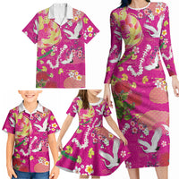 Hawaiian and Japanese Culture Together Family Matching Long Sleeve Bodycon Dress and Hawaiian Shirt Kakau Tribal Pattern and Irezumi Art Pink Color