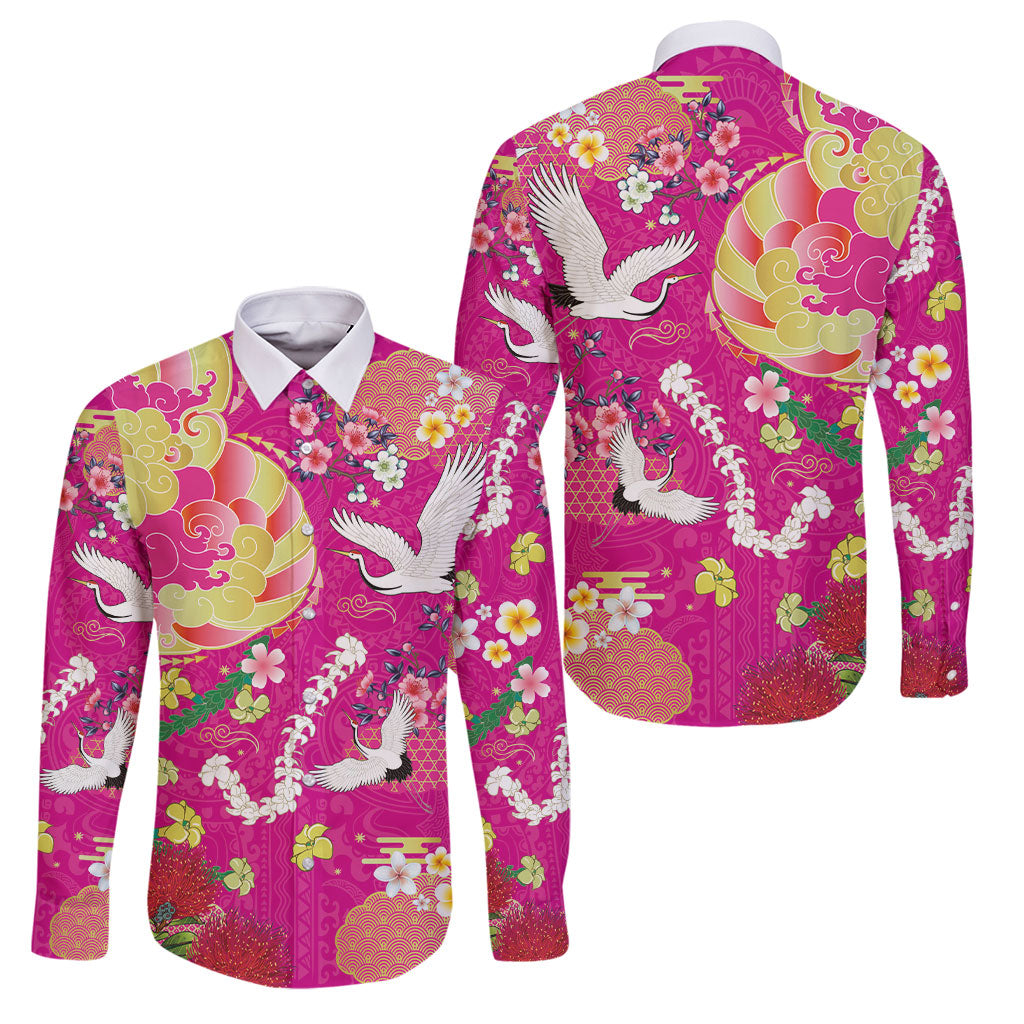Hawaiian and Japanese Culture Together Family Matching Long Sleeve Bodycon Dress and Hawaiian Shirt Kakau Tribal Pattern and Irezumi Art Pink Color