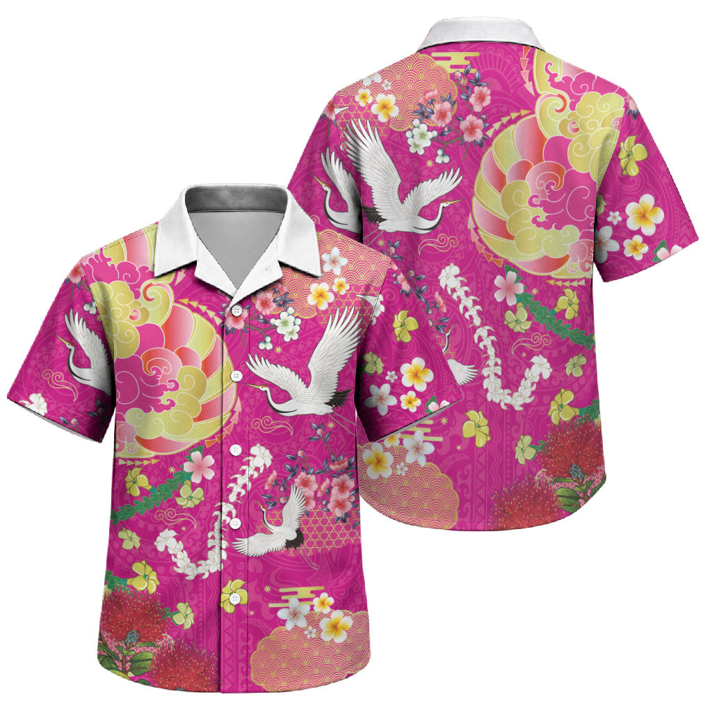 Hawaiian and Japanese Culture Together Family Matching Long Sleeve Bodycon Dress and Hawaiian Shirt Kakau Tribal Pattern and Irezumi Art Pink Color