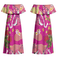 Hawaiian and Japanese Culture Together Family Matching Off Shoulder Maxi Dress and Hawaiian Shirt Kakau Tribal Pattern and Irezumi Art Pink Color