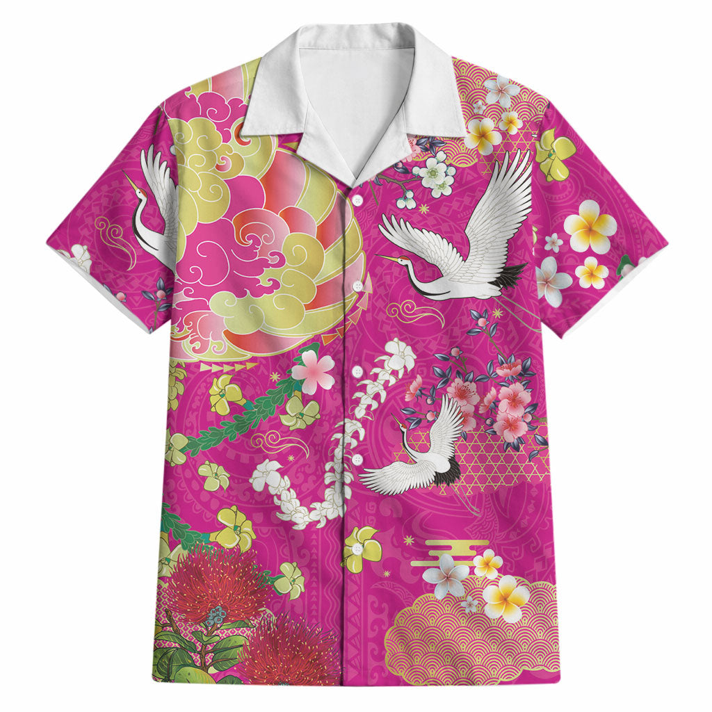 Hawaiian and Japanese Culture Together Hawaiian Shirt Kakau Tribal Pattern and Irezumi Art Pink Color