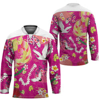 Hawaiian and Japanese Culture Together Hockey Jersey Kakau Tribal Pattern and Irezumi Art Pink Color