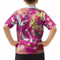 Hawaiian and Japanese Culture Together Kid Hawaiian Shirt Kakau Tribal Pattern and Irezumi Art Pink Color