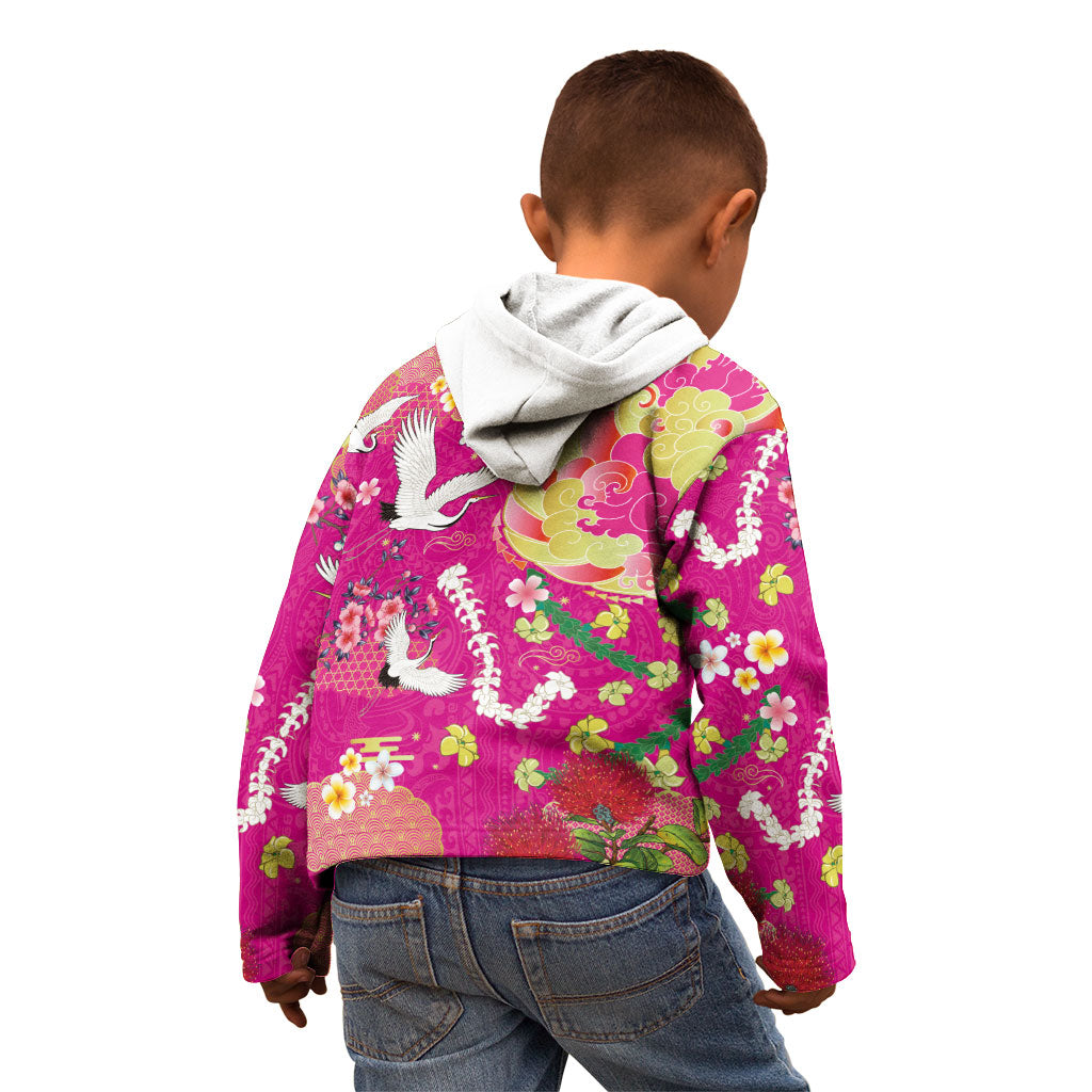 Hawaiian and Japanese Culture Together Kid Hoodie Kakau Tribal Pattern and Irezumi Art Pink Color