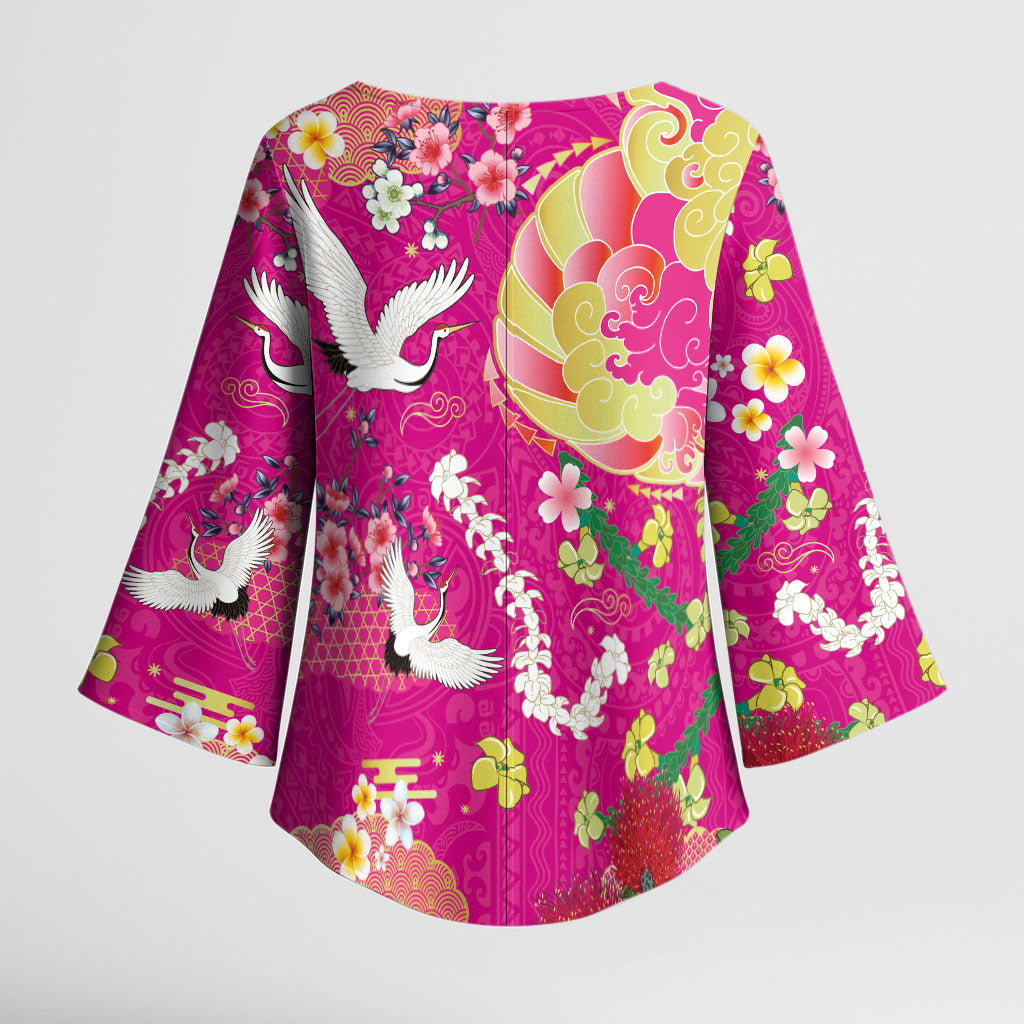 Hawaiian and Japanese Culture Together Kimono Sleeve Blouse Kakau Tribal Pattern and Irezumi Art Pink Color