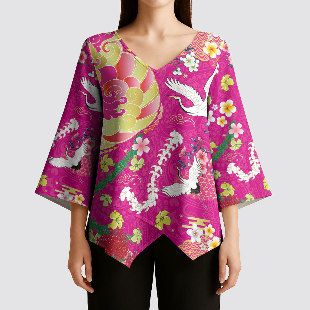 Hawaiian and Japanese Culture Together Kimono Sleeve Blouse Kakau Tribal Pattern and Irezumi Art Pink Color