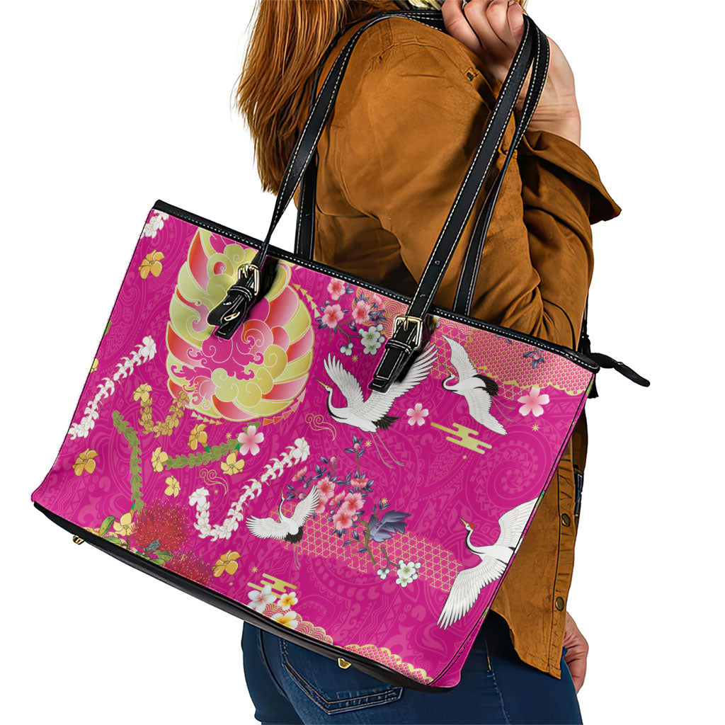 Hawaiian and Japanese Culture Together Leather Tote Bag Kakau Tribal Pattern and Irezumi Art Pink Color