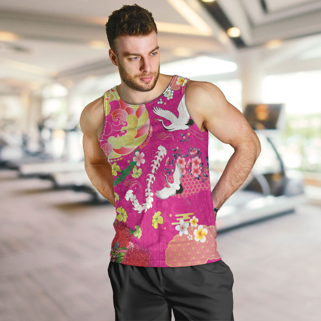 Hawaiian and Japanese Culture Together Men Tank Top Kakau Tribal Pattern and Irezumi Art Pink Color