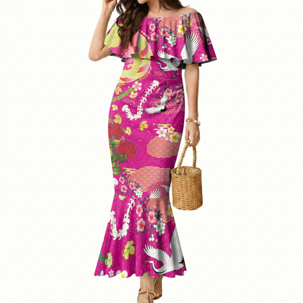 Hawaiian and Japanese Culture Together Mermaid Dress Kakau Tribal Pattern and Irezumi Art Pink Color