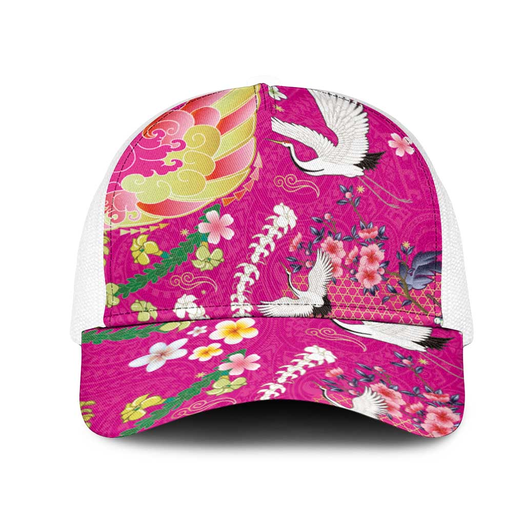 Hawaiian and Japanese Culture Together Mesh Trucker Cap Kakau Tribal Pattern and Irezumi Art Pink Color