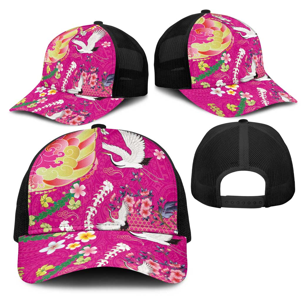 Hawaiian and Japanese Culture Together Mesh Trucker Cap Kakau Tribal Pattern and Irezumi Art Pink Color