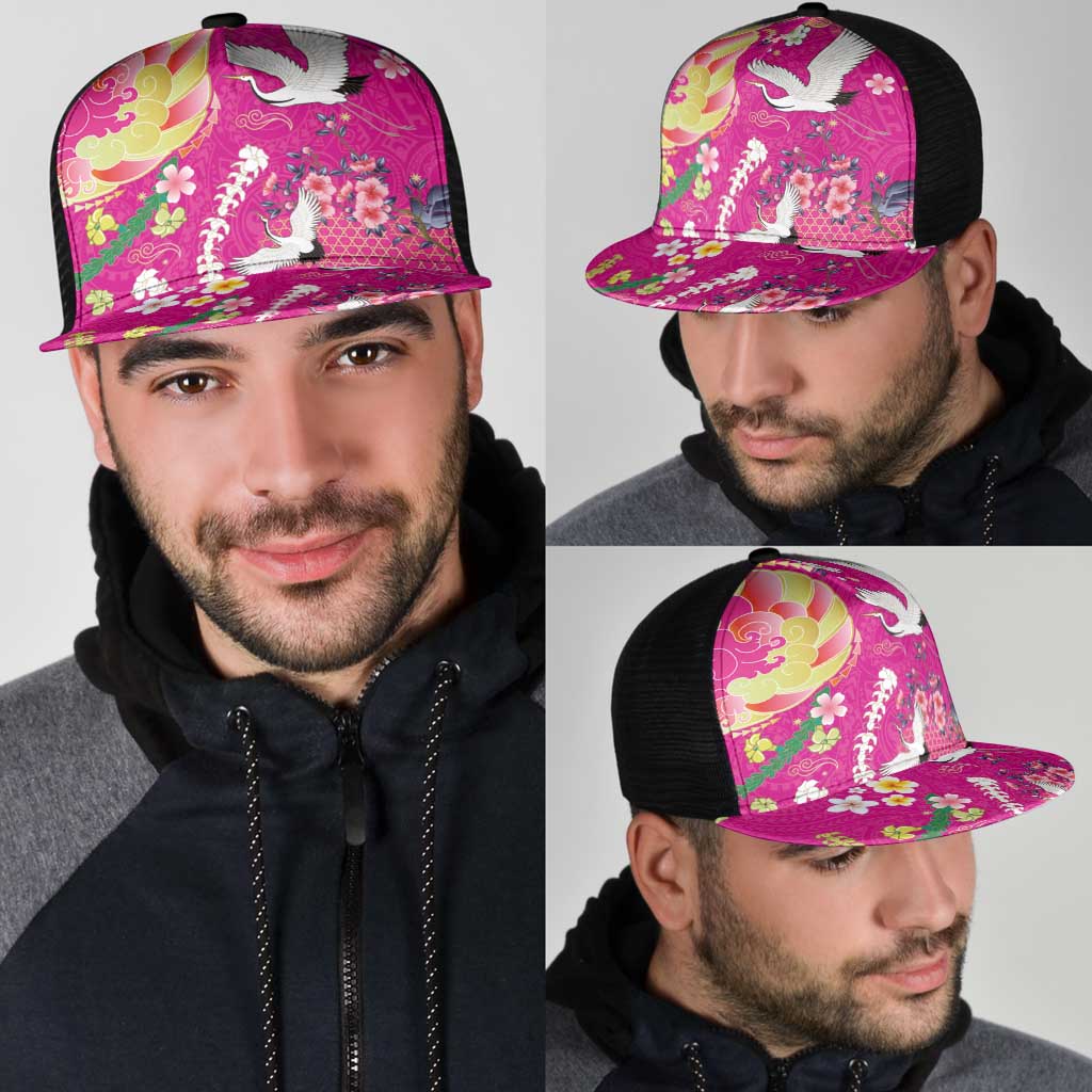 Hawaiian and Japanese Culture Together Mesh Trucker Cap Kakau Tribal Pattern and Irezumi Art Pink Color