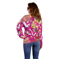 Hawaiian and Japanese Culture Together Off Shoulder Sweater Kakau Tribal Pattern and Irezumi Art Pink Color