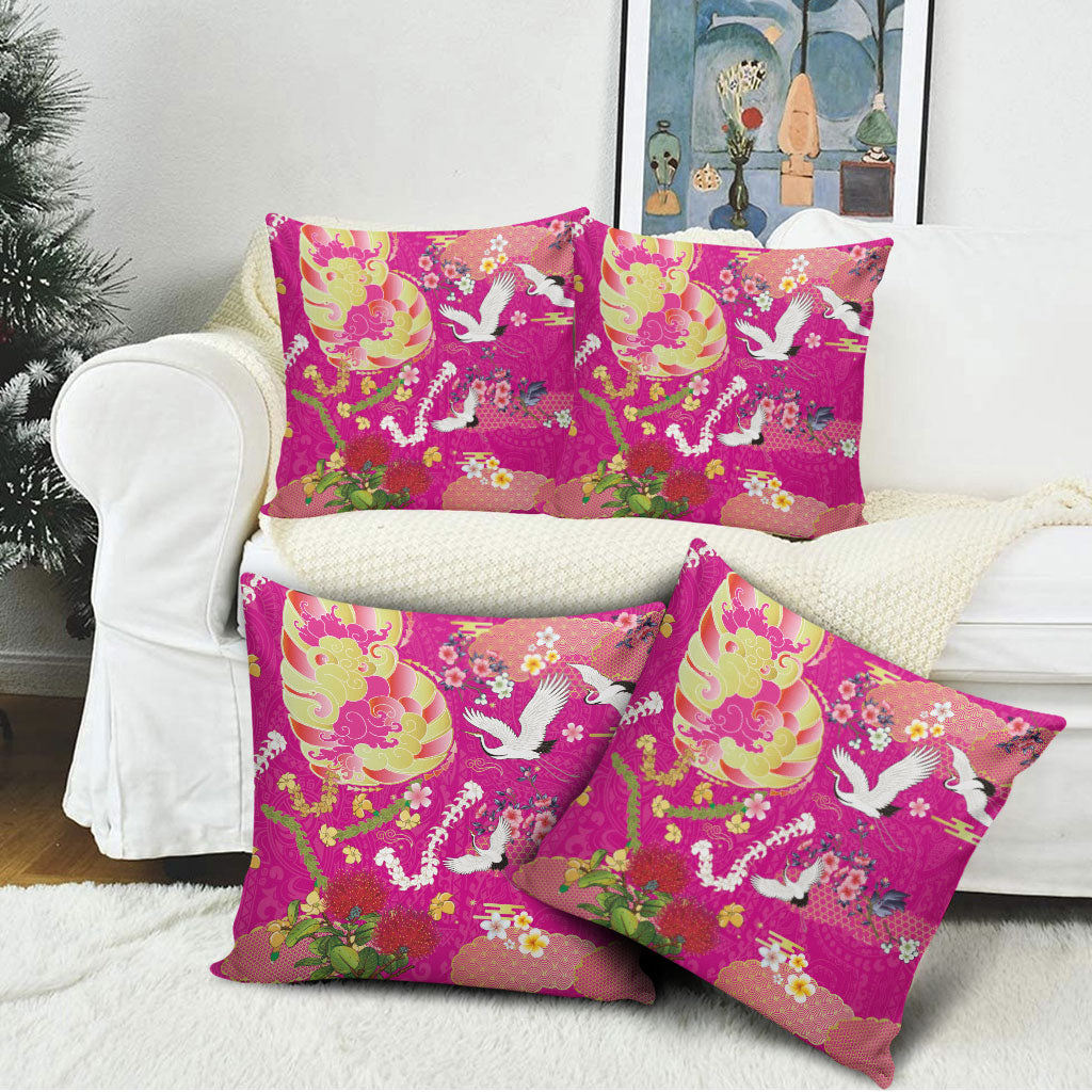 Hawaiian and Japanese Culture Together Pillow Cover Kakau Tribal Pattern and Irezumi Art Pink Color