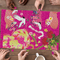 Hawaiian and Japanese Culture Together Puzzle Kakau Tribal Pattern and Irezumi Art Pink Color