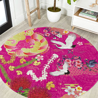 Hawaiian and Japanese Culture Together Round Carpet Kakau Tribal Pattern and Irezumi Art Pink Color