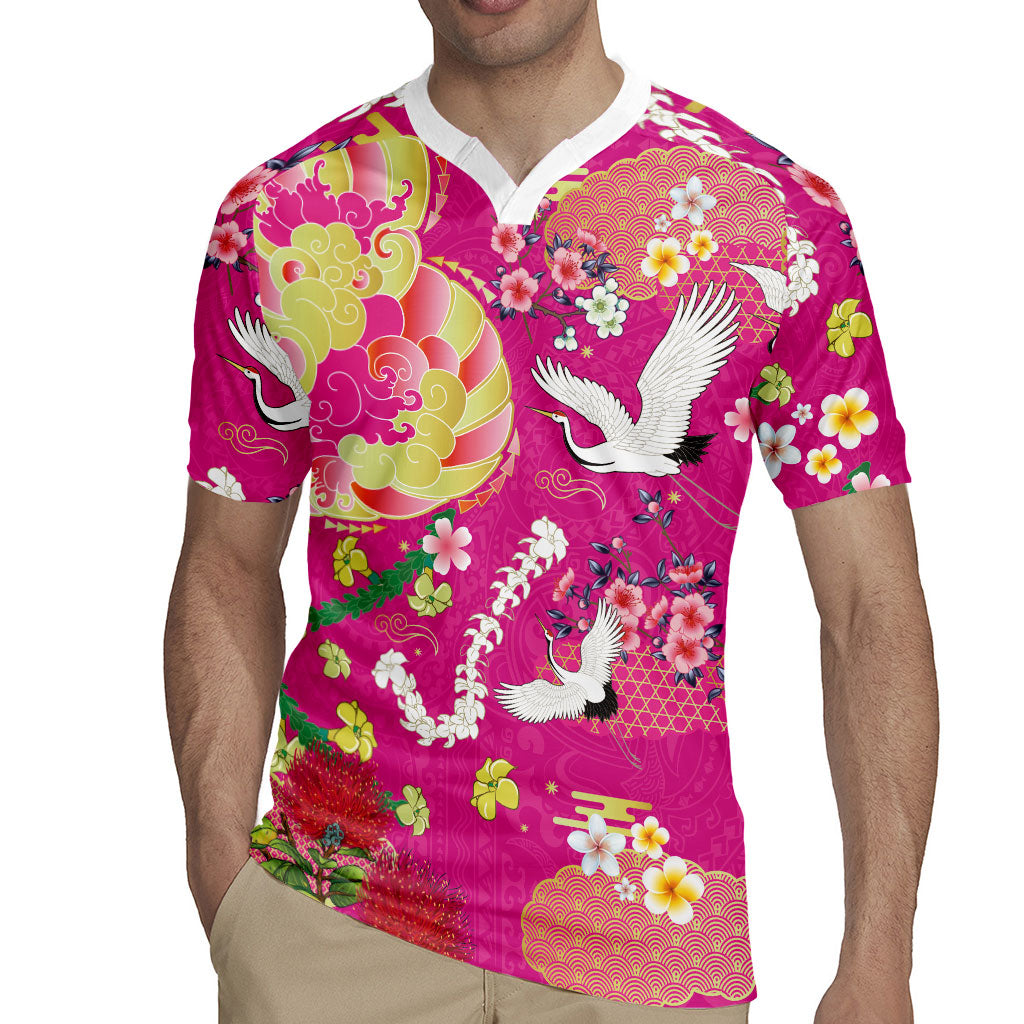 Hawaiian and Japanese Culture Together Rugby Jersey Kakau Tribal Pattern and Irezumi Art Pink Color