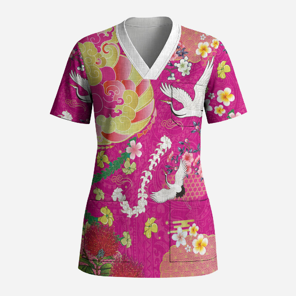 Hawaiian and Japanese Culture Together Scrub Top Kakau Tribal Pattern and Irezumi Art Pink Color LT03 Adult Pink - Polynesian Pride