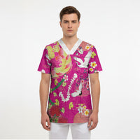 Hawaiian and Japanese Culture Together Scrub Top Kakau Tribal Pattern and Irezumi Art Pink Color