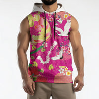 Hawaiian and Japanese Culture Together Sleeveless Hoodie Kakau Tribal Pattern and Irezumi Art Pink Color