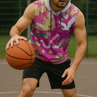 Hawaiian and Japanese Culture Together Sleeveless Hoodie Kakau Tribal Pattern and Irezumi Art Pink Color