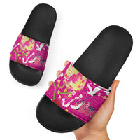 Hawaiian and Japanese Culture Together Slide Sandals Kakau Tribal Pattern and Irezumi Art Pink Color