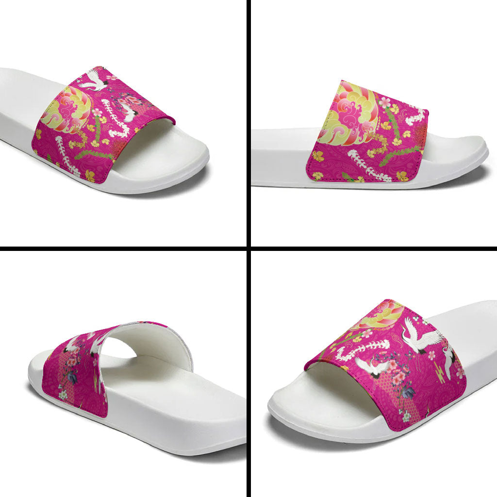 Hawaiian and Japanese Culture Together Slide Sandals Kakau Tribal Pattern and Irezumi Art Pink Color