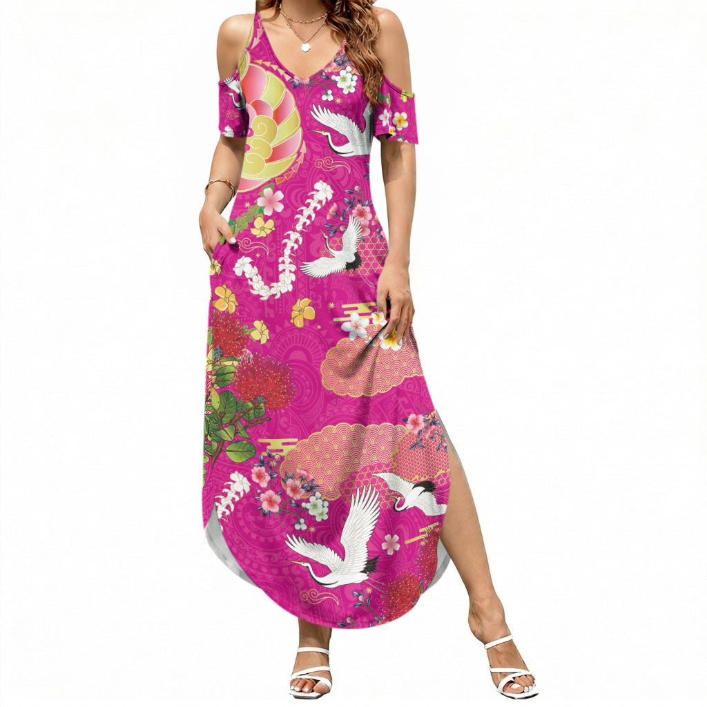 Hawaiian and Japanese Culture Together Summer Maxi Dress Kakau Tribal Pattern and Irezumi Art Pink Color