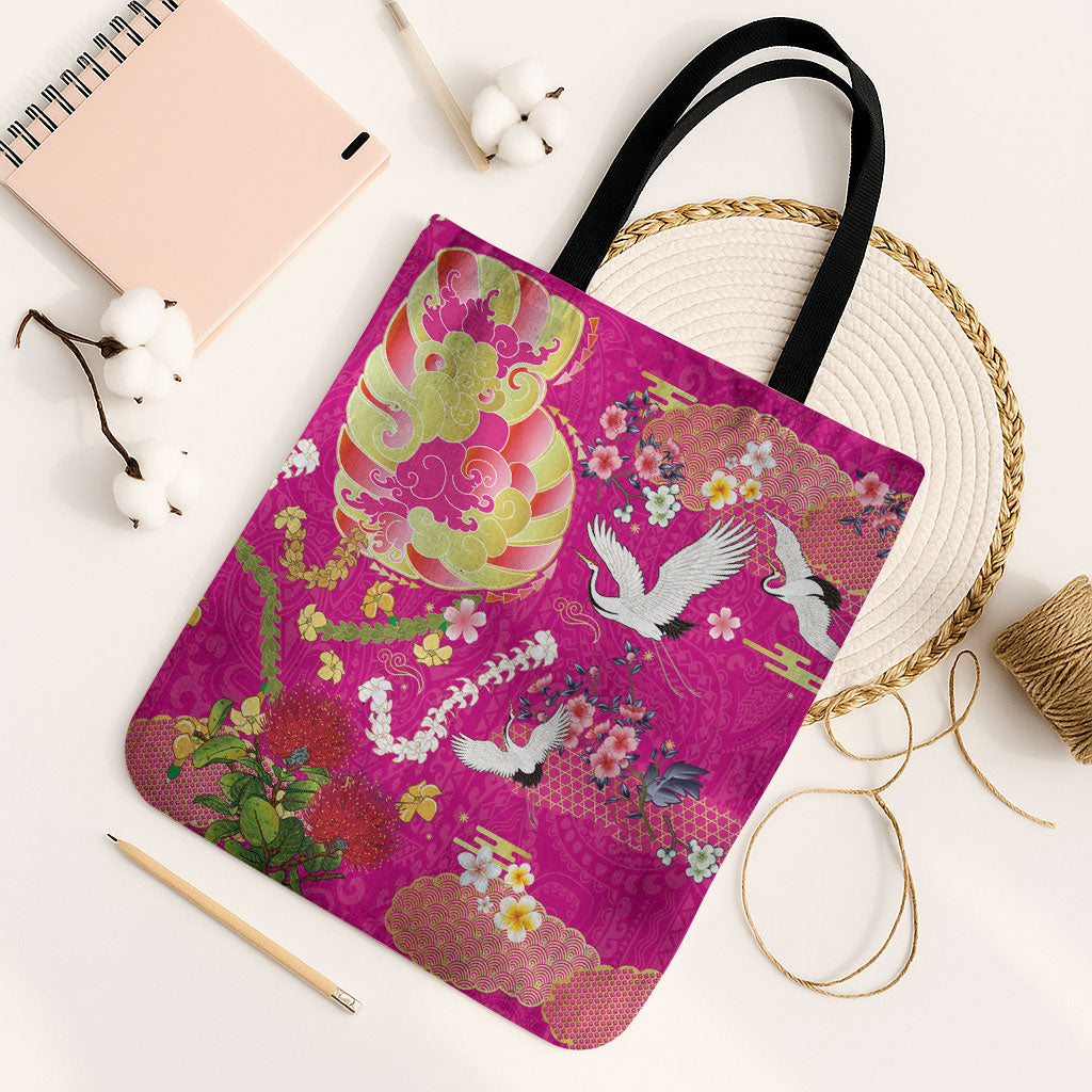 Hawaiian and Japanese Culture Together Tote Bag Kakau Tribal Pattern and Irezumi Art Pink Color
