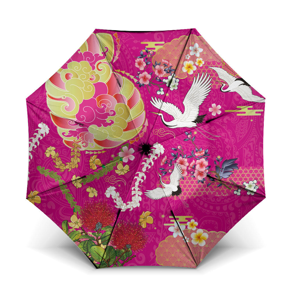 Hawaiian and Japanese Culture Together Umbrella Kakau Tribal Pattern and Irezumi Art Pink Color