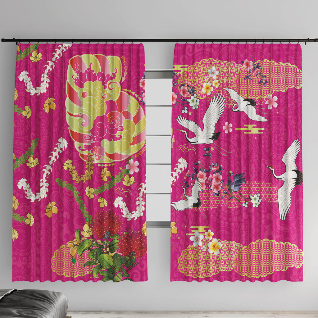 Hawaiian and Japanese Culture Together Window Curtain Kakau Tribal Pattern and Irezumi Art Pink Color