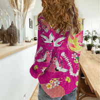 Hawaiian and Japanese Culture Together Women Casual Shirt Kakau Tribal Pattern and Irezumi Art Pink Color