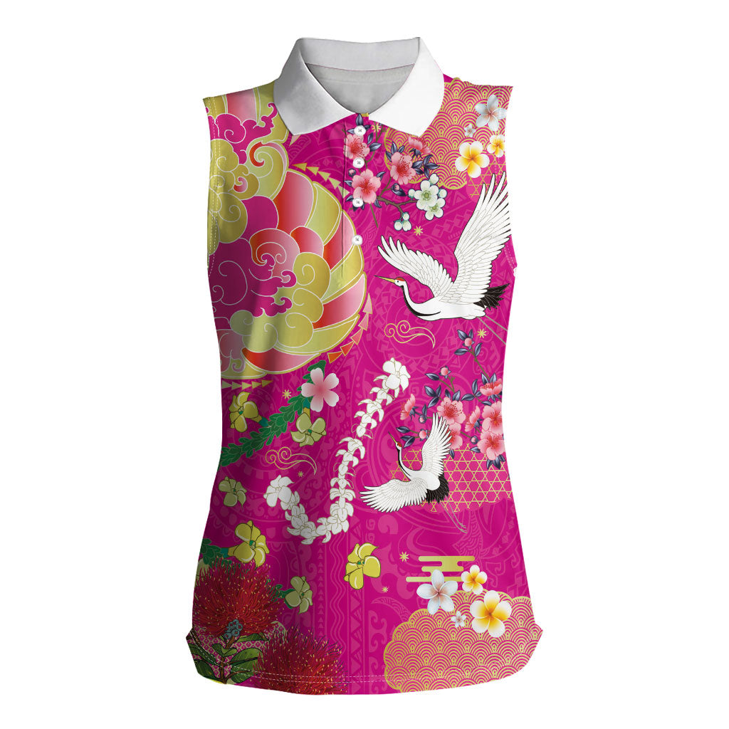 Hawaiian and Japanese Culture Together Women Sleeveless Polo Shirt Kakau Tribal Pattern and Irezumi Art Pink Color