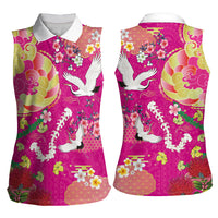 Hawaiian and Japanese Culture Together Women Sleeveless Polo Shirt Kakau Tribal Pattern and Irezumi Art Pink Color