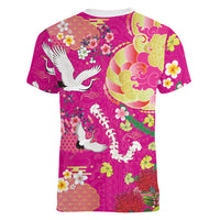 Hawaiian and Japanese Culture Together Women V-Neck T-Shirt Kakau Tribal Pattern and Irezumi Art Pink Color