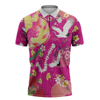 Hawaiian and Japanese Culture Together Zipper Polo Shirt Kakau Tribal Pattern and Irezumi Art Pink Color