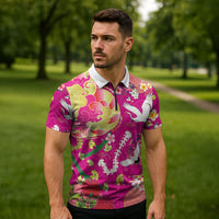 Hawaiian and Japanese Culture Together Zipper Polo Shirt Kakau Tribal Pattern and Irezumi Art Pink Color