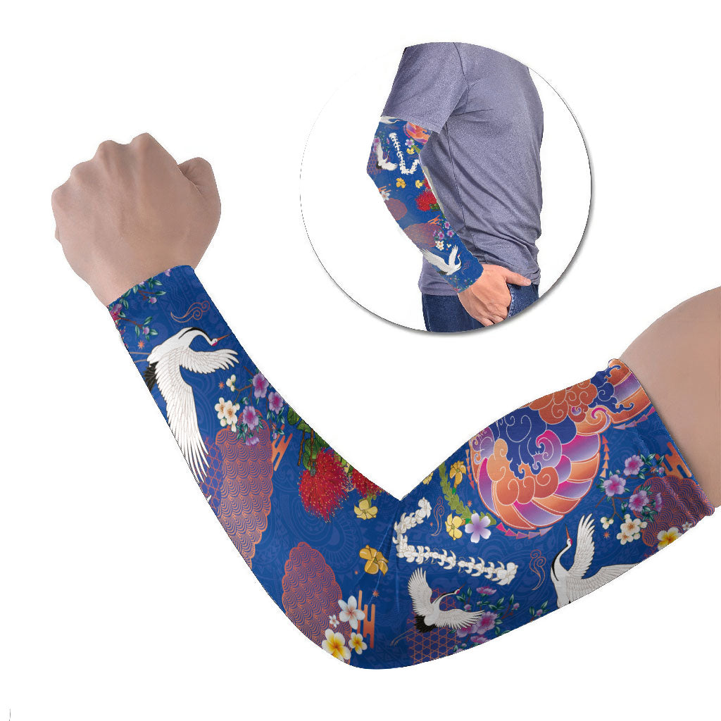 Hawaiian and Japanese Culture Together Arm Sleeves Kakau Tribal Pattern and Irezumi Art Blue Color