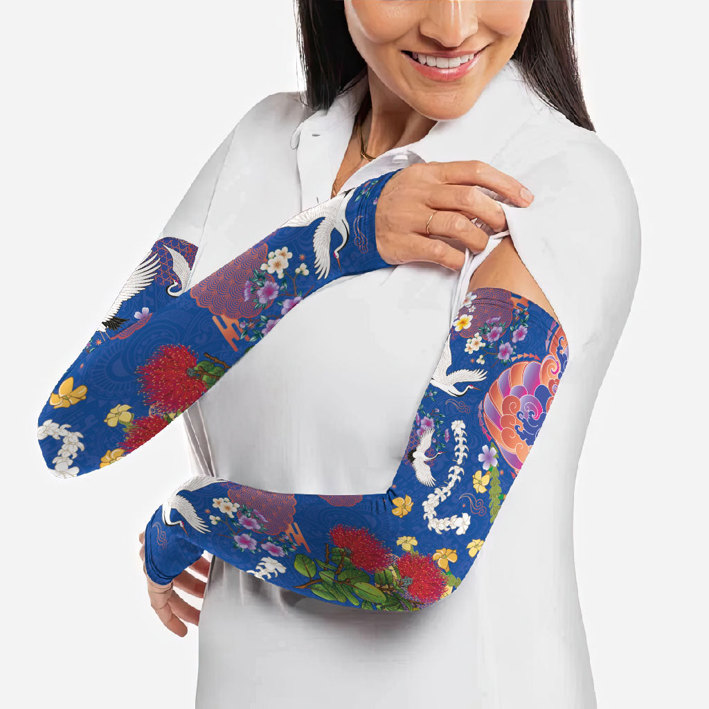 Hawaiian and Japanese Culture Together Arm Sleeves Kakau Tribal Pattern and Irezumi Art Blue Color
