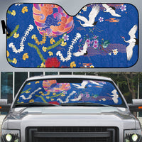 Hawaiian and Japanese Culture Together Auto Sun Shade Kakau Tribal Pattern and Irezumi Art Blue Color