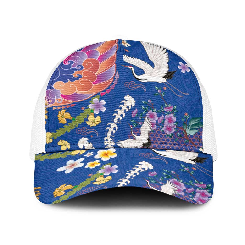 Hawaiian and Japanese Culture Together Baseball Net Cap Kakau Tribal Pattern and Irezumi Art Blue Color