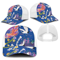 Hawaiian and Japanese Culture Together Baseball Net Cap Kakau Tribal Pattern and Irezumi Art Blue Color