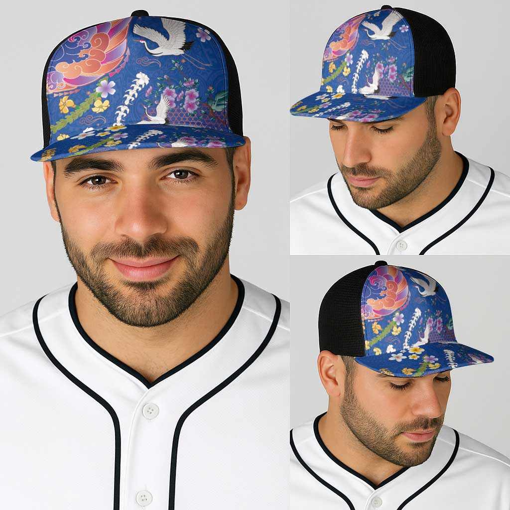 Hawaiian and Japanese Culture Together Baseball Net Cap Kakau Tribal Pattern and Irezumi Art Blue Color