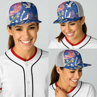 Hawaiian and Japanese Culture Together Baseball Net Cap Kakau Tribal Pattern and Irezumi Art Blue Color
